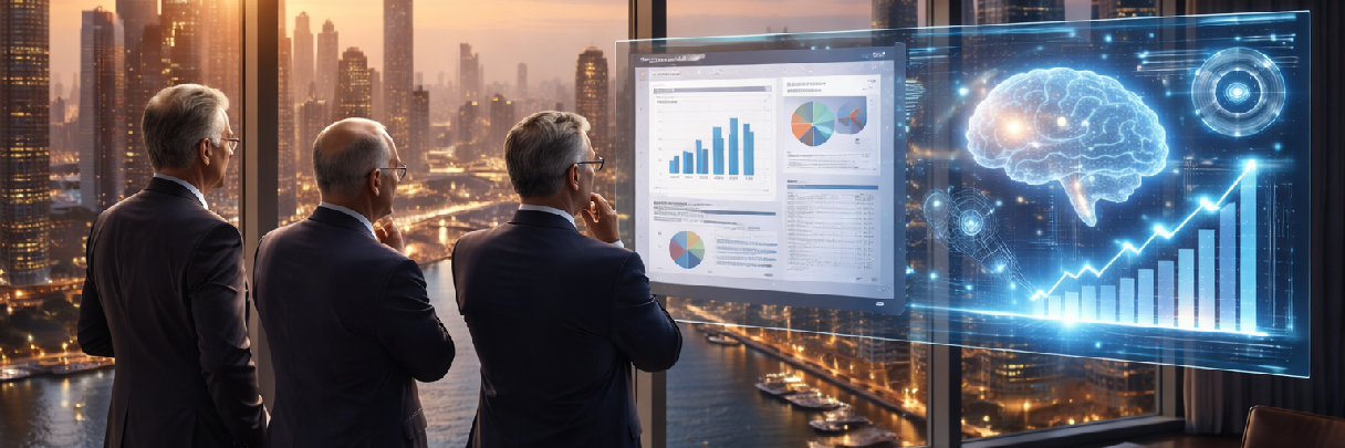 Executives comparing AI systems and traditional software in Dubai boardroom